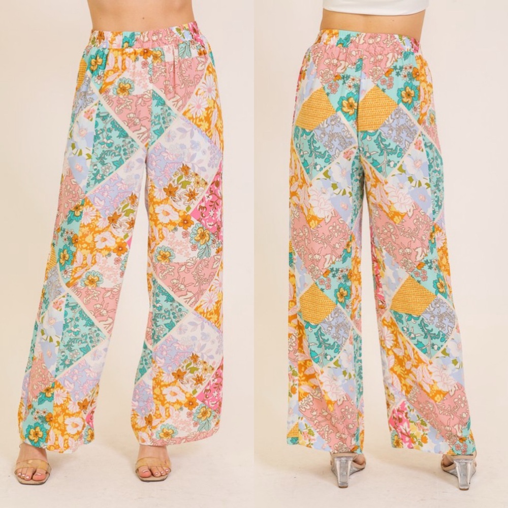 Floral Patchwork Wide-Leg Pants W Pockets NWT